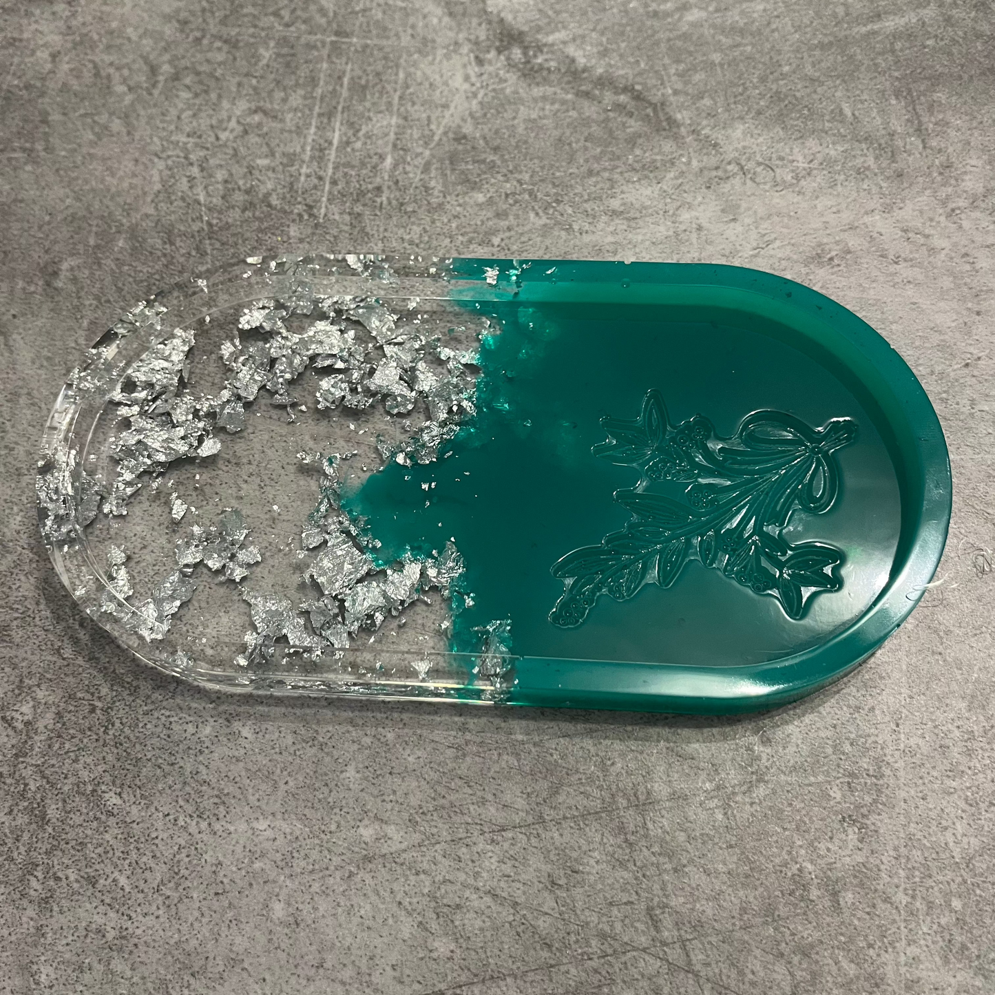 Grand plateau vide-poche fleuri Vert et Argent