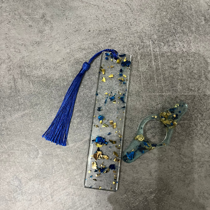 Duo marque page + bague de lecture bleu et or
